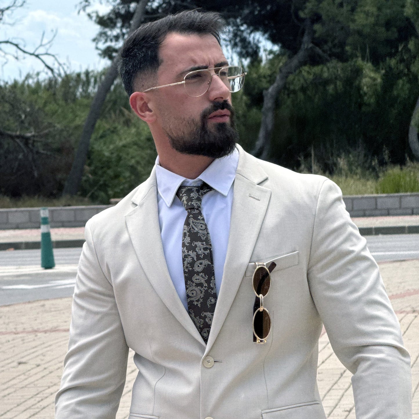 Carnac · corbata con estampado paisley marrón chocolate con detalles dorados y beige