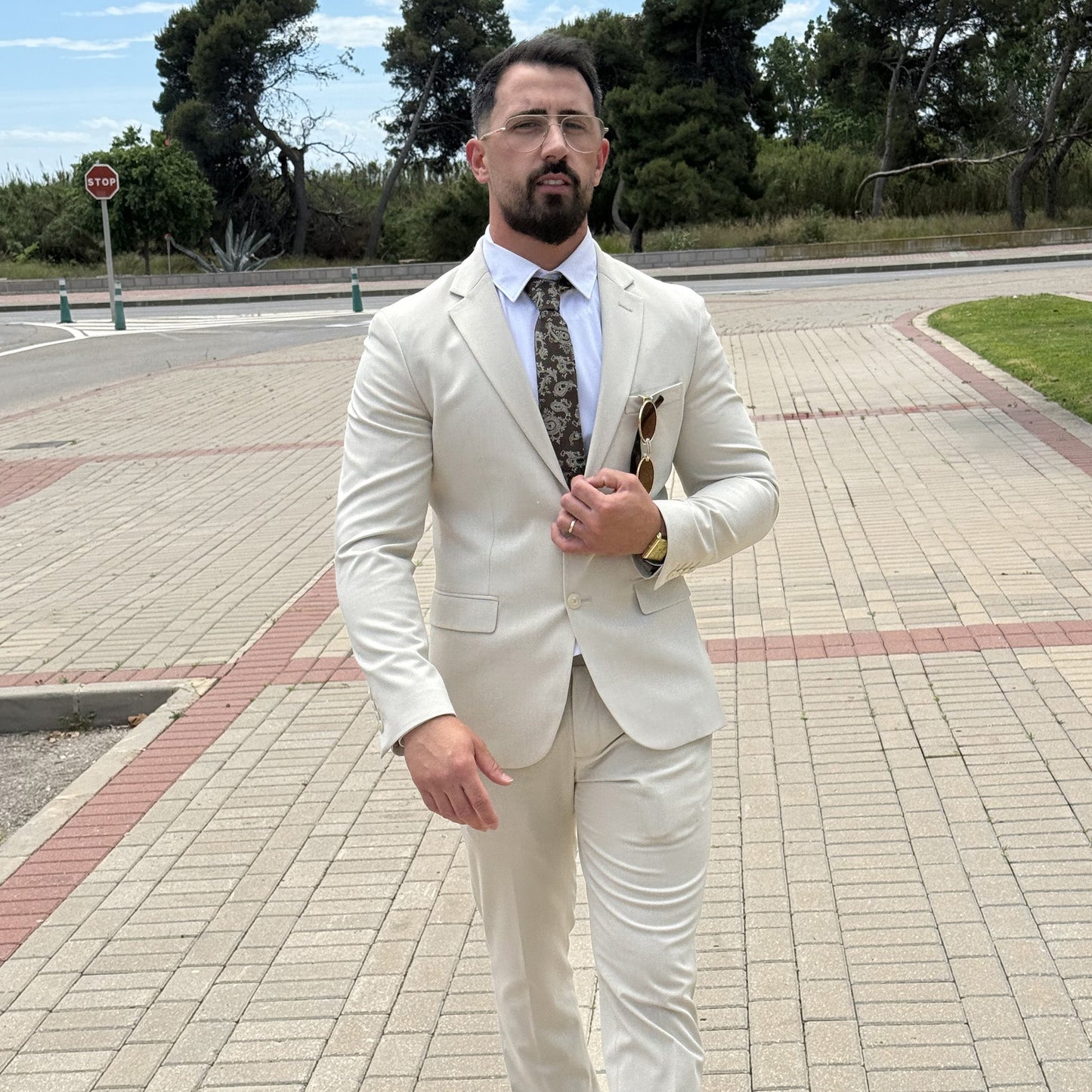 Carnac · corbata con estampado paisley marrón chocolate con detalles dorados y beige