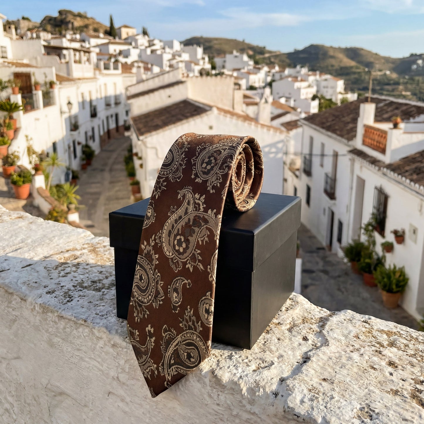 Carnac · corbata con estampado paisley marrón chocolate con detalles dorados y beige