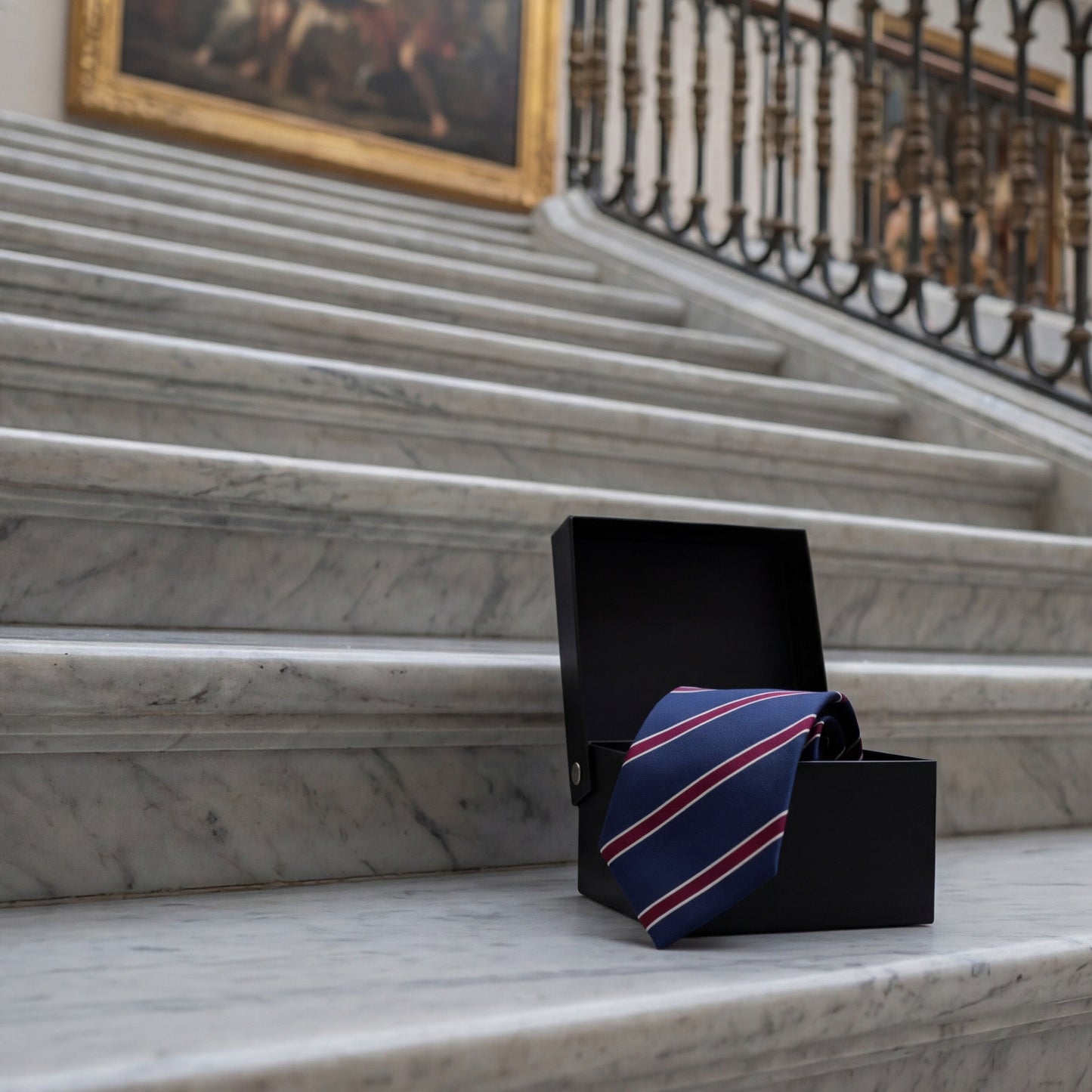 Cheltenham · Corbata azul marino 100% seda con rayas granates y blancas