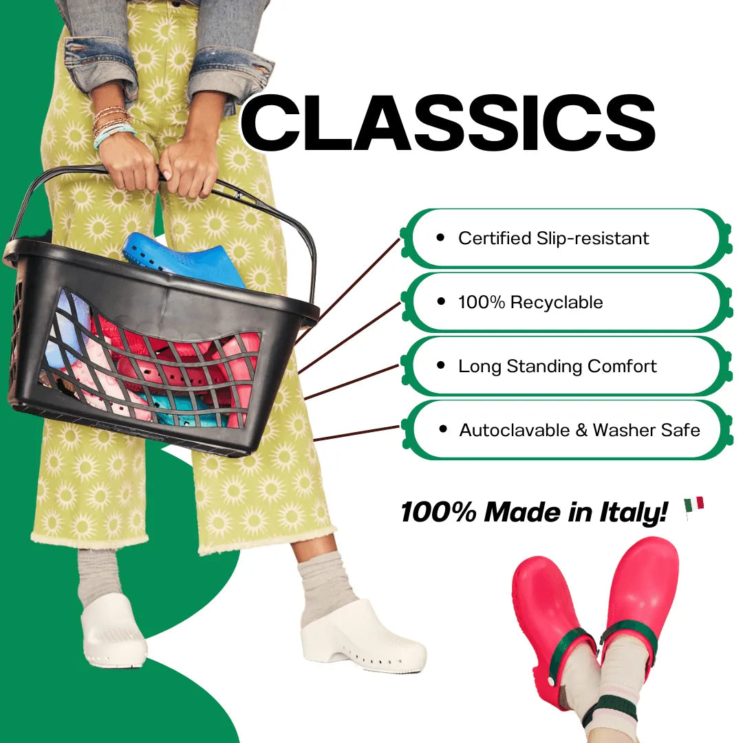 Person wearing white, hole-free clogs, holding a basket of colorful clogs, with product benefit text.