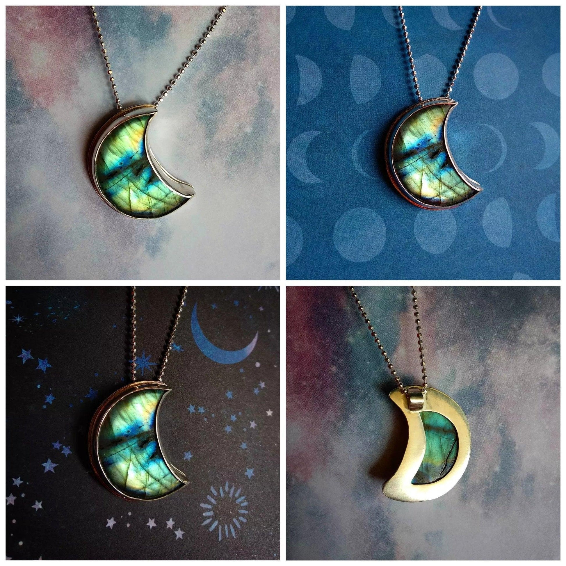 Collar de luna en plata con detalles iridiscentes, diseño moderno y elegante, ideal para cualquier ocasión.