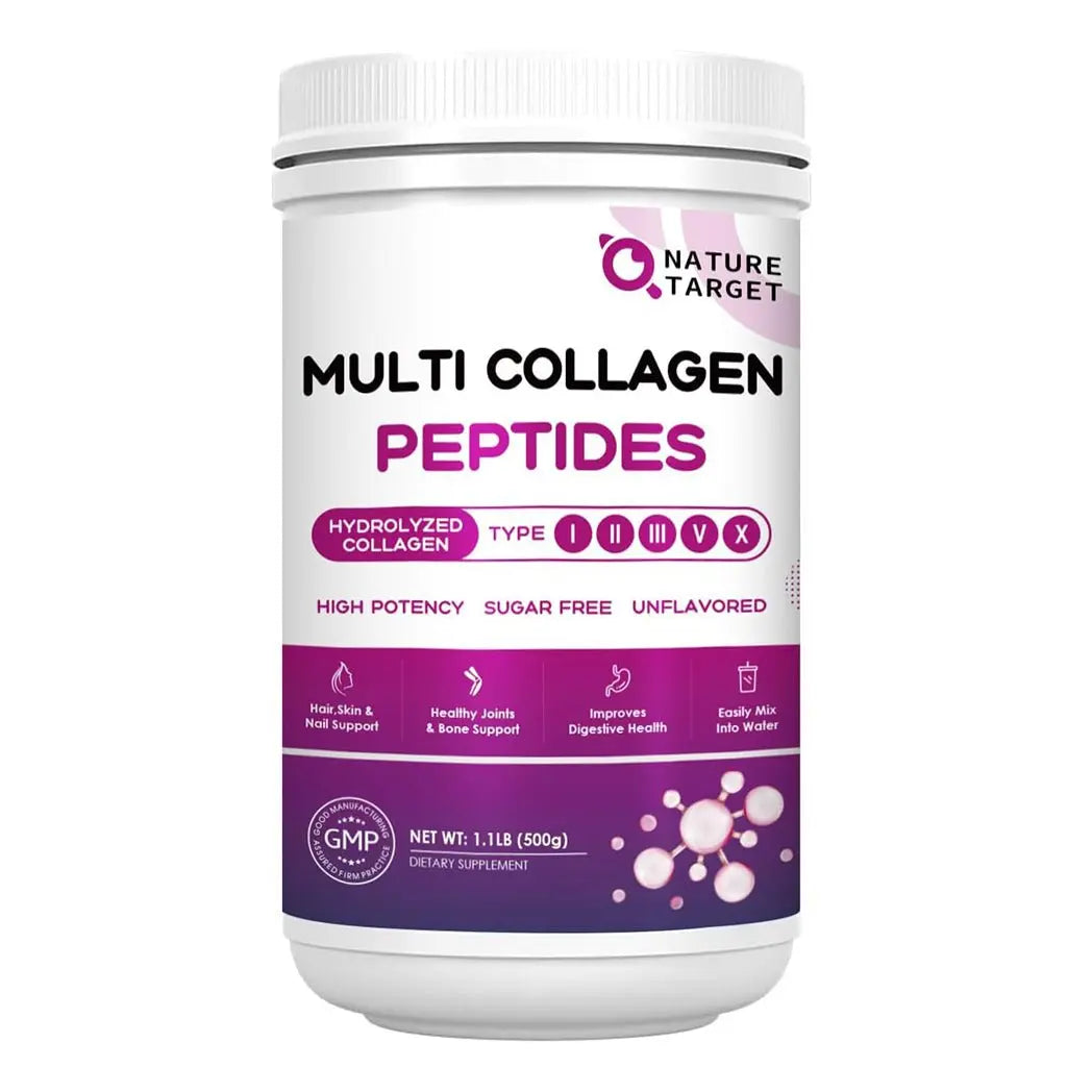 White plastic jar of Nature Target Multi Collagen Peptides with purple accents, 1.1 LB label, and health icons.