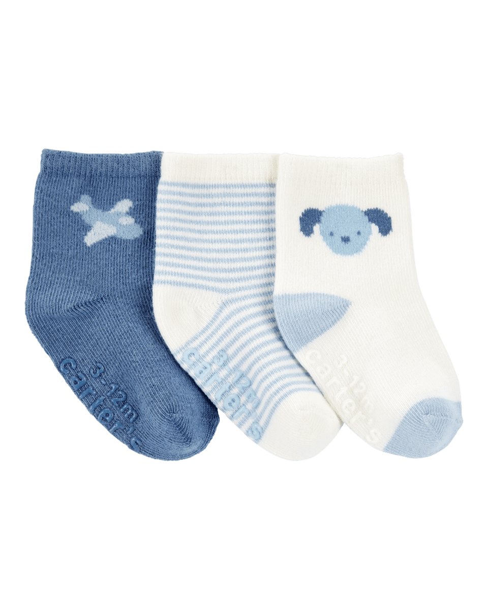 Pack 3 calcetines en azul con rayas y estampados