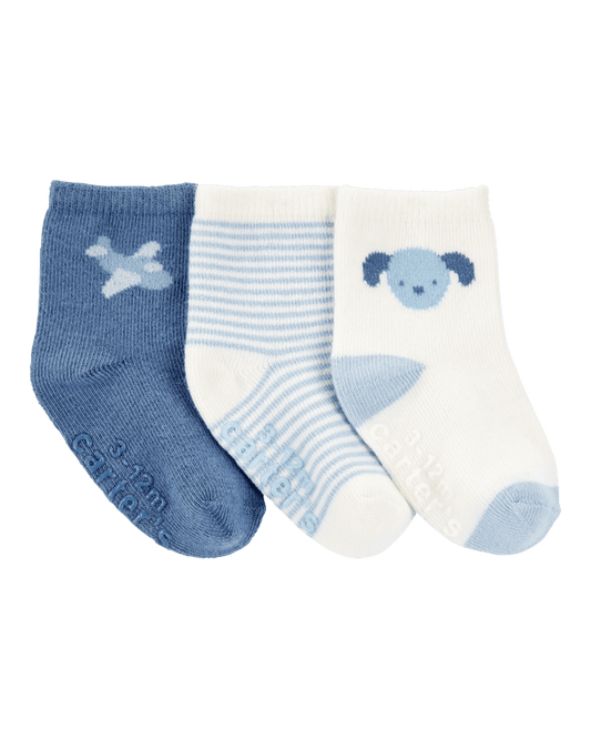 Pack 3 calcetines en azul con rayas y estampados