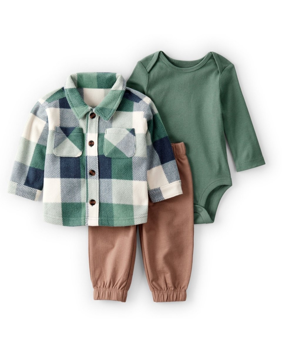 Conjunto 3 piezas cárdigan, camisa de cuadros y pantalón