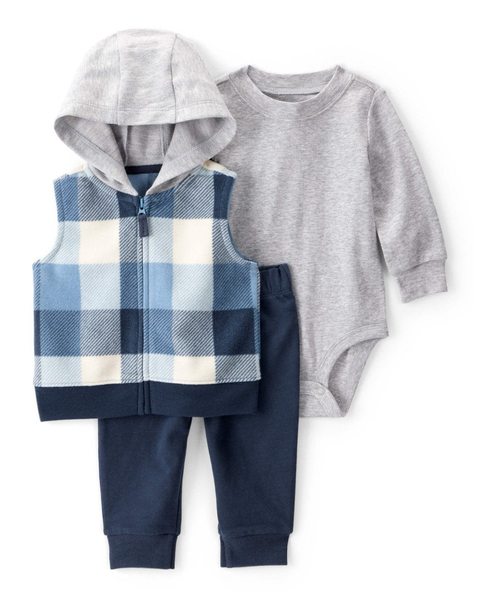 Conjunto 3 piezas con chaleco a cuadros y capucha