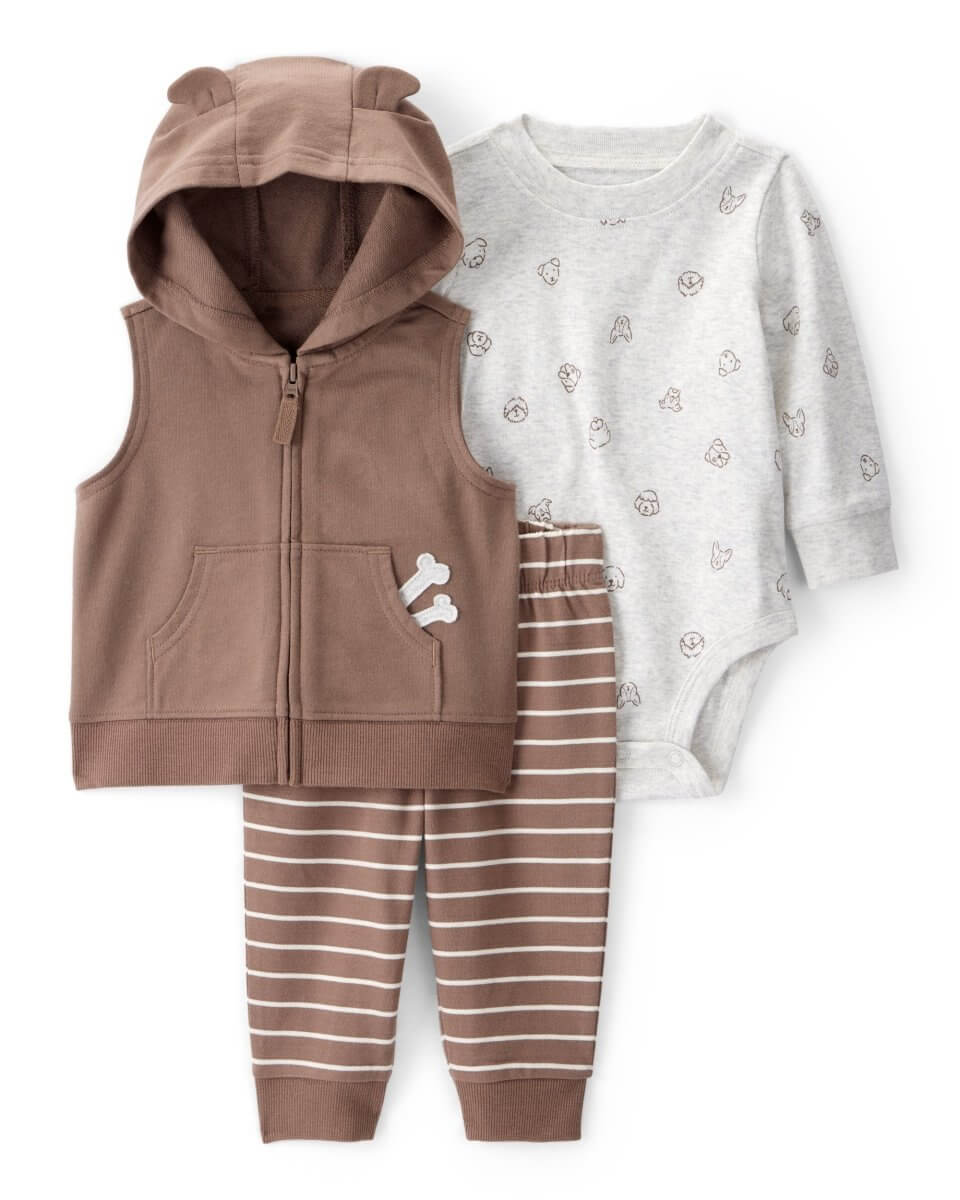 Conjunto tres piezas chaleco con capucha, body estampado perro y pantalón