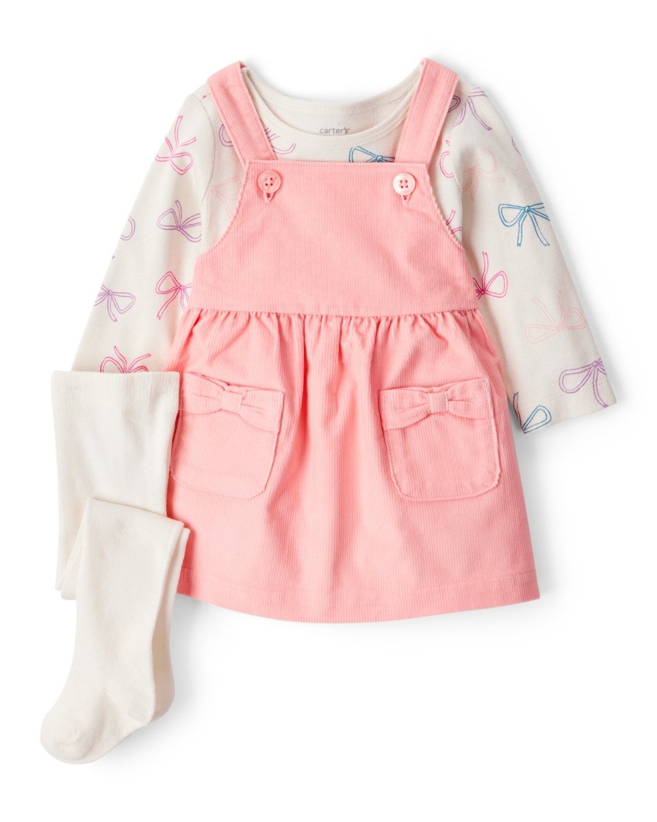 Conjunto 3 piezas con vestido jumper coral y lazos