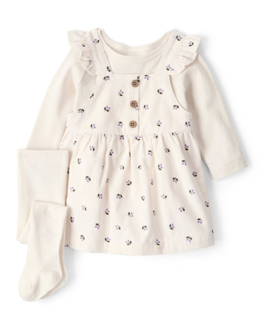 Conjunto 3 piezas con vestido jumper floral de pana