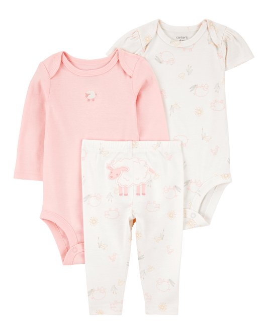 Conjunto tres piezas dos bodies y pantalón con diseño oveja