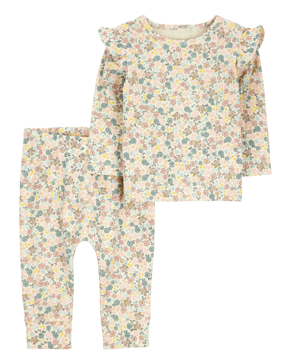Conjunto de dos piezas de algodón, pantalón y camiseta, diseño floral