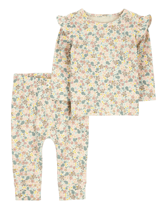 Conjunto de dos piezas de algodón, pantalón y camiseta, diseño floral
