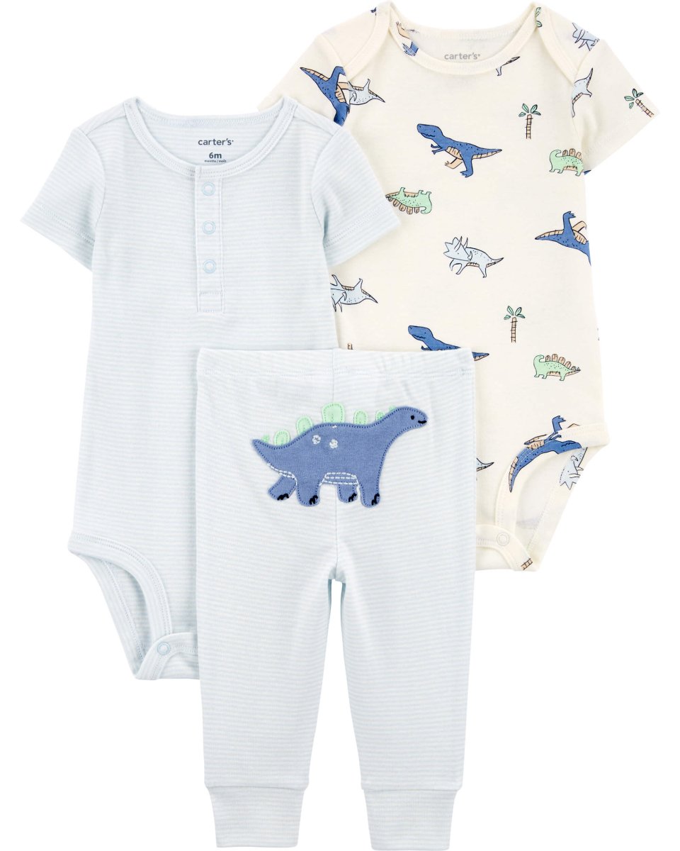 Conjunto de tres piezas en azul con rayas y estampado de dinosaurio