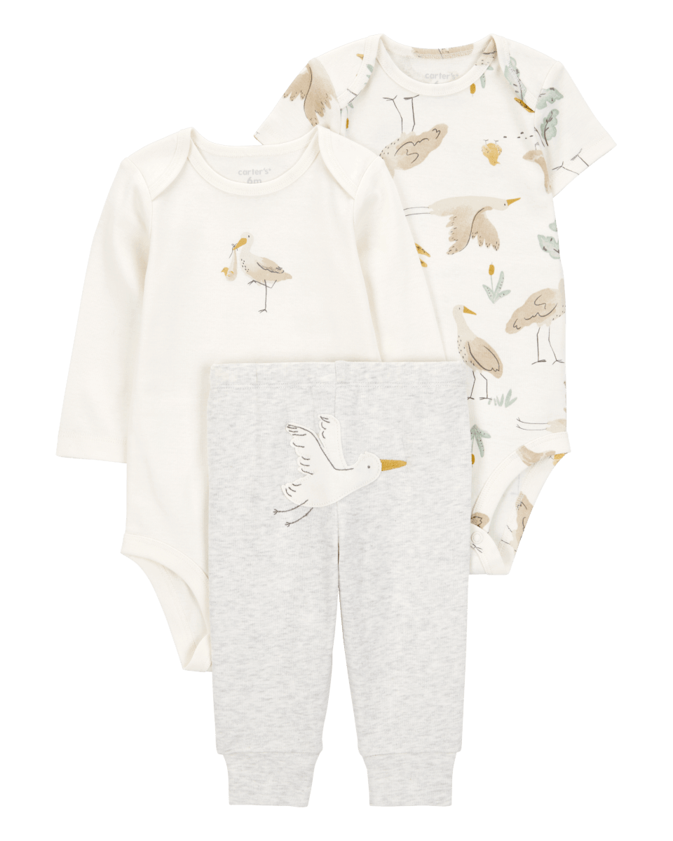 Conjunto tres piezas algodón pantalón y dos bodies diseño aves