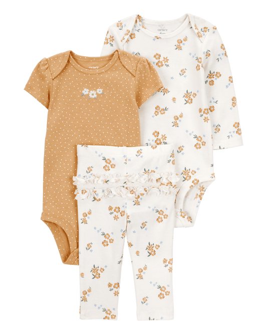 Conjunto tres piezas algodón pantalón y dos bodys diseño floral