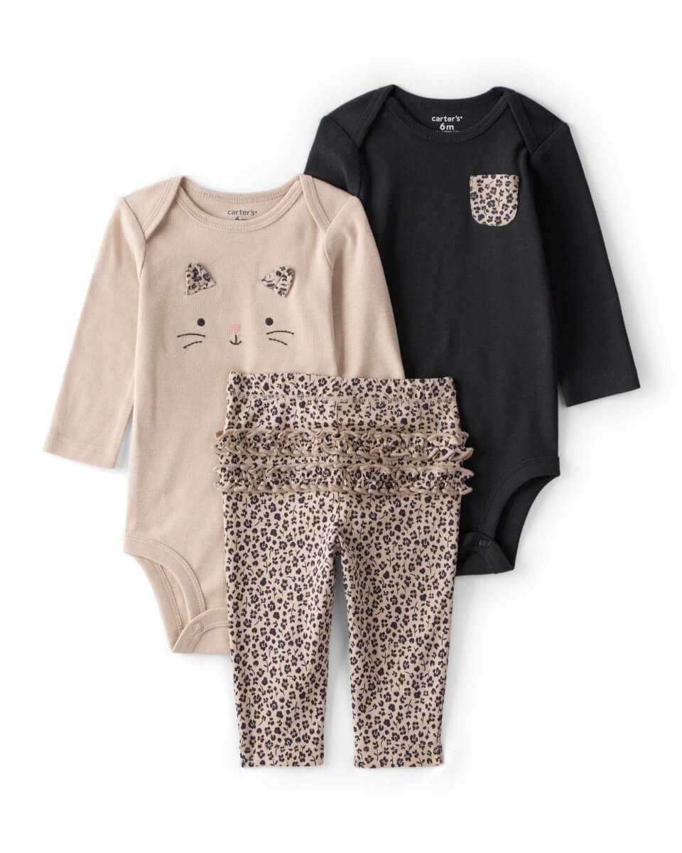 Conjunto tres piezas bodies manga larga y pantalón estampado leopardo