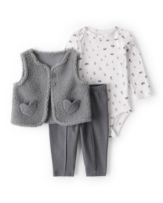 Conjunto tres piezas chaleco de borreguito, body y leggings gris