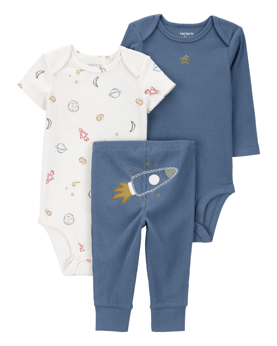 Conjunto tres piezas pantalón y dos bodies diseño cohete