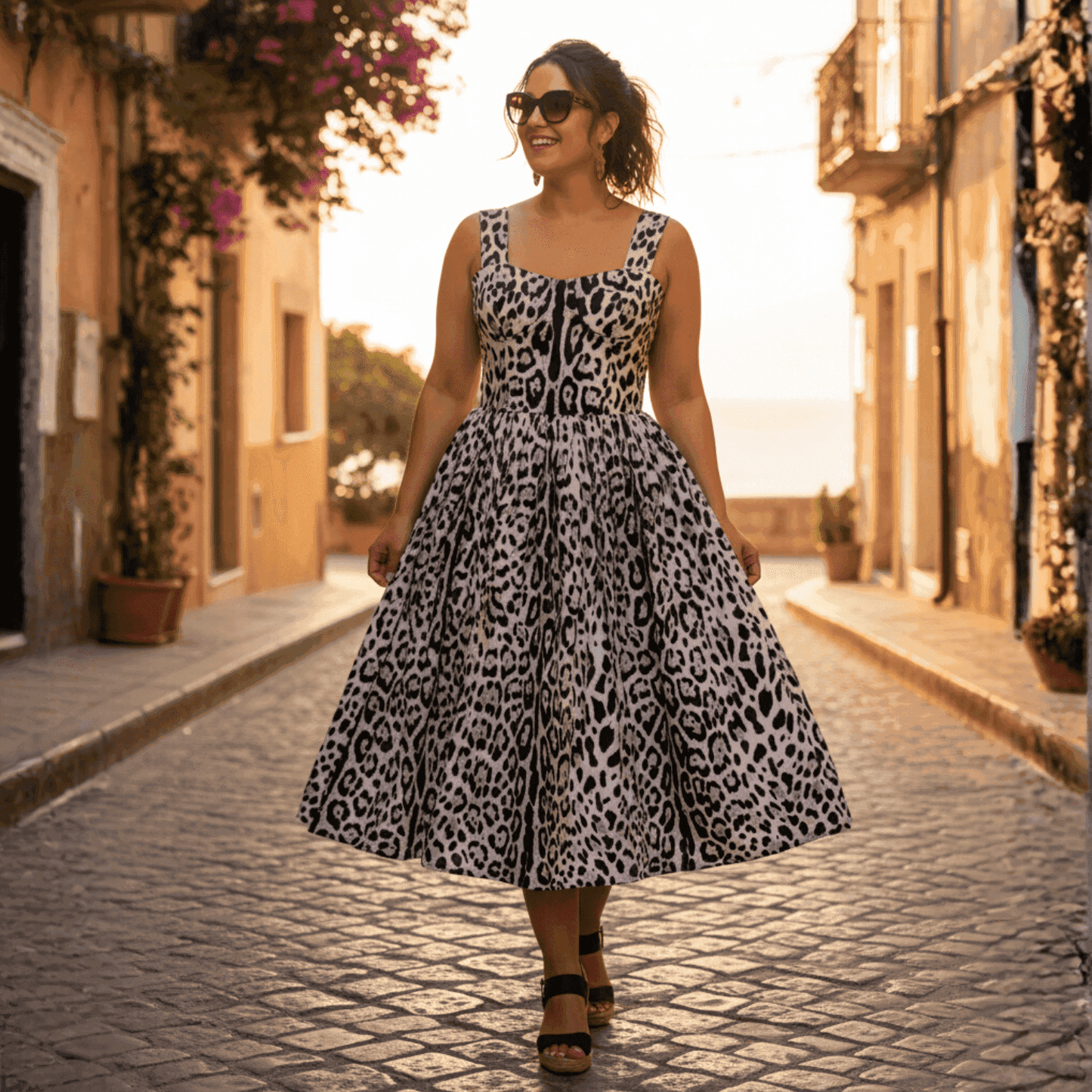 Black and white leopard print midi dress, fitted bodice, flared skirt, perfect for summer outings, paired with stylish sunglasses.