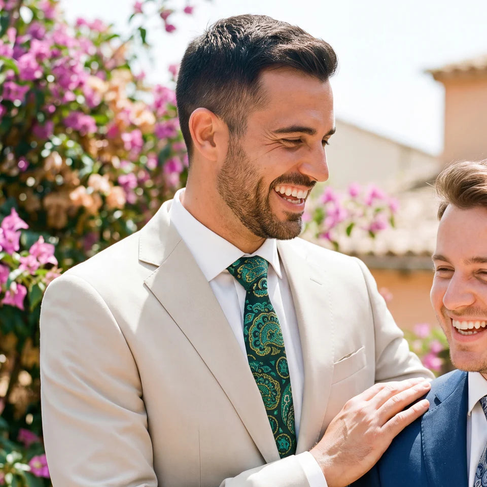 Courchevel · conjunto de corbata con estampado paisley verde, pañuelo, gemelos y pasador