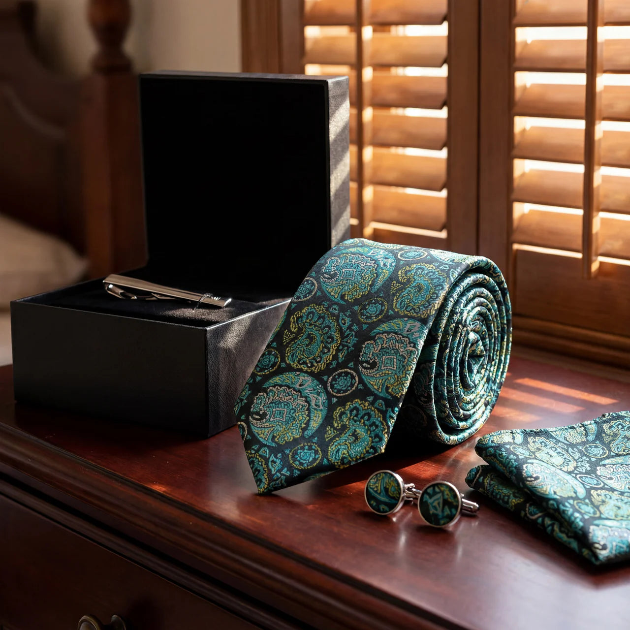 Courchevel · conjunto de corbata con estampado paisley verde, pañuelo, gemelos y pasador
