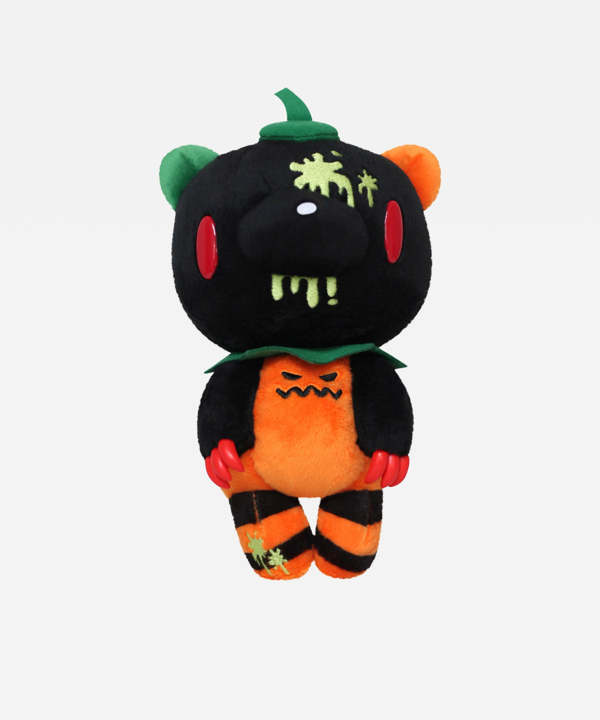 8-inch plush Gloomy Bear wearing a pumpkin costume with lime green slime details, red claws, and orange striped legs.