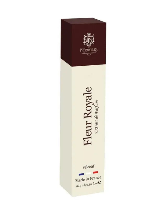 Tall, rectangular Fleur Royale perfume box in cream and dark brown with logo and French flag detail.