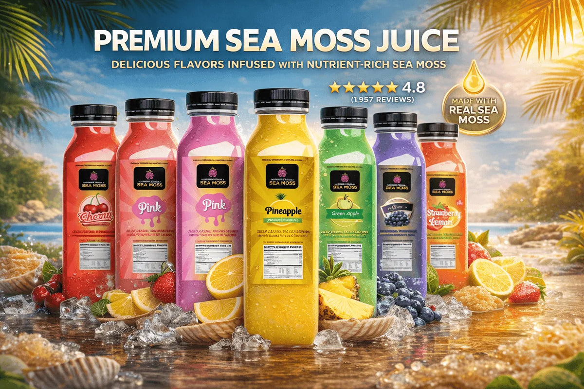Seven colorful bottles of Sea Moss juice arranged on ice, featuring tropical fruit accents and a sunset beach backdrop.