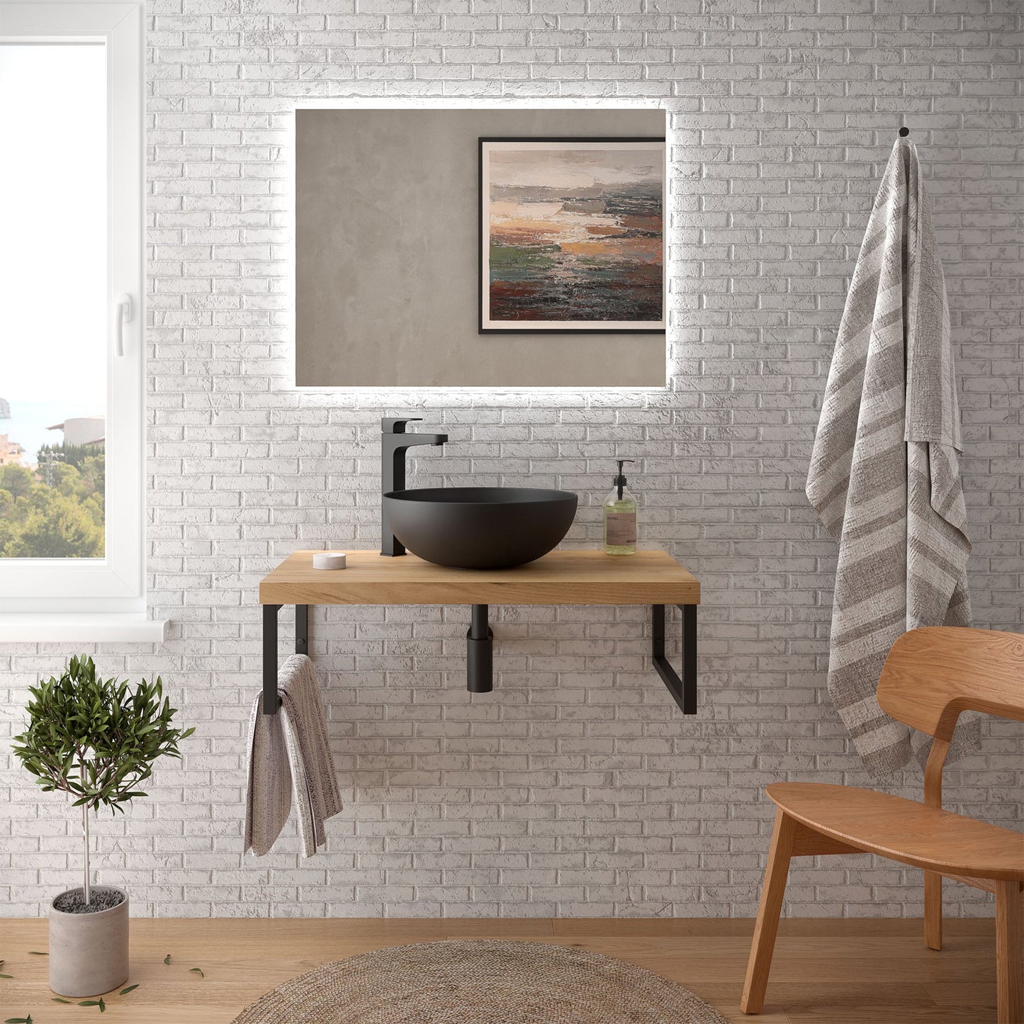 BATHME NIZA Encimera de Baño con Lavabo SOLID SURFACE Negro Mate Color Roble