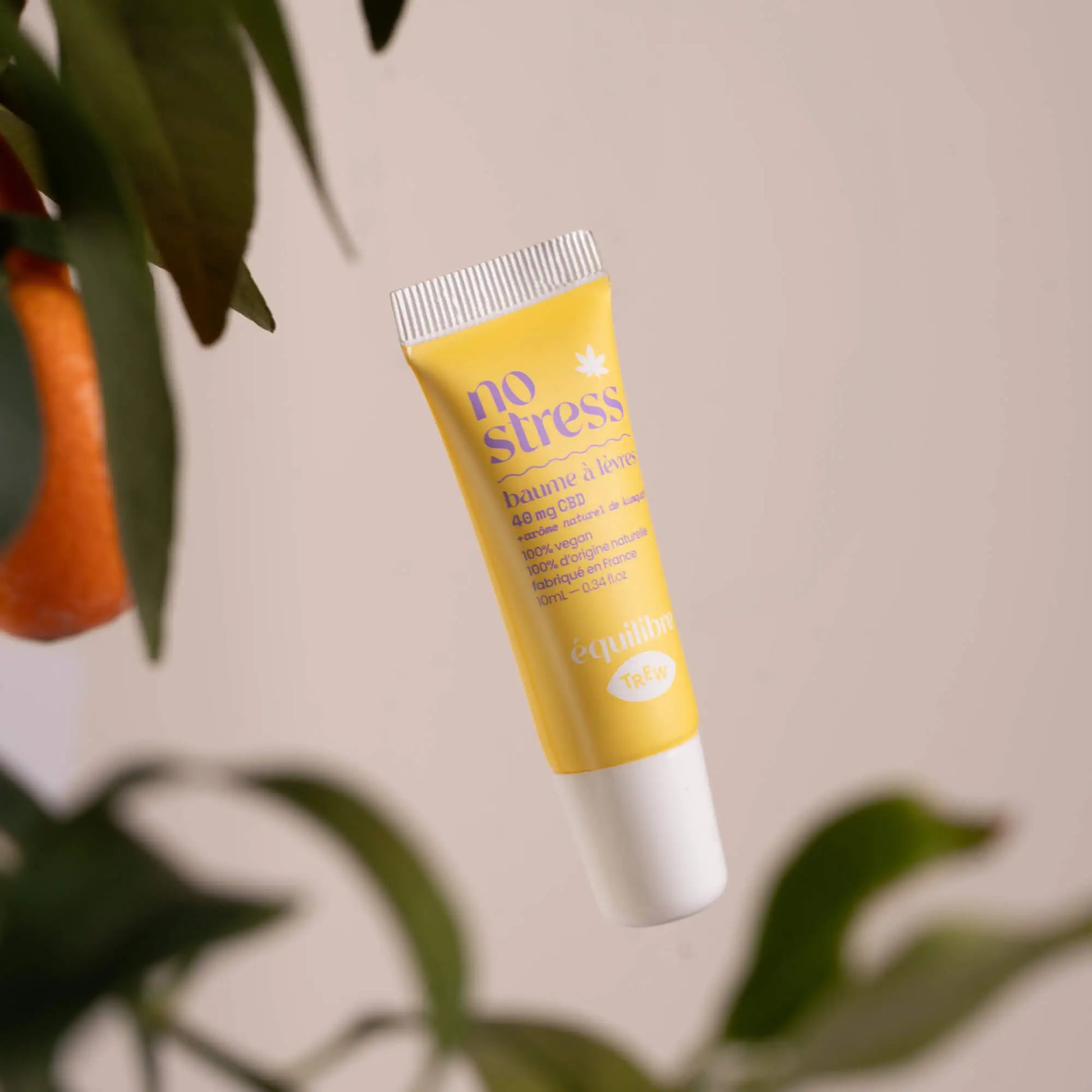 Yellow lip balm tube with purple text, floating near green leaves and a small orange fruit on a light background.