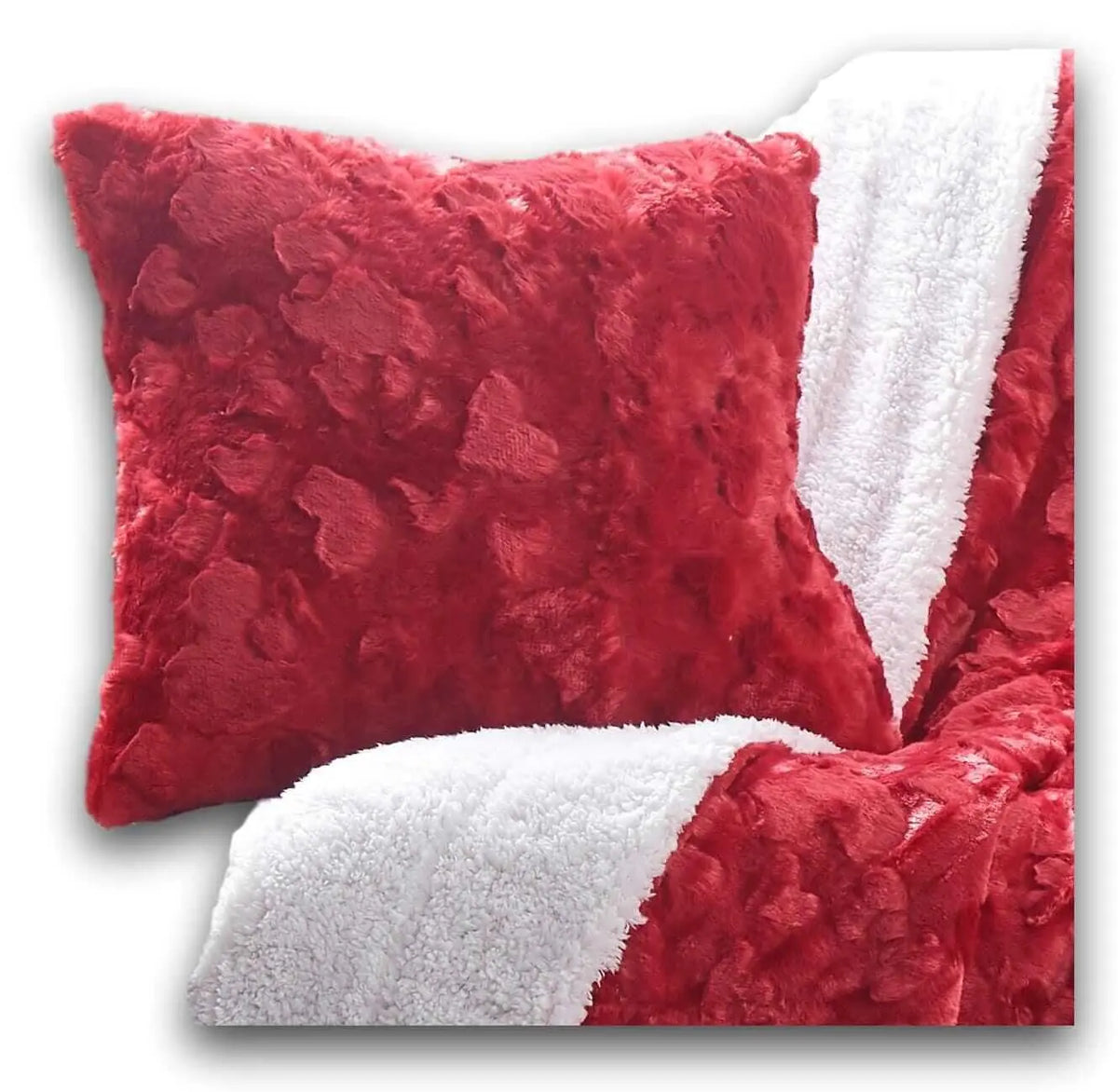 Square candy apple red faux fur throw pillow next to a matching blanket with a plush white sherpa reverse side.