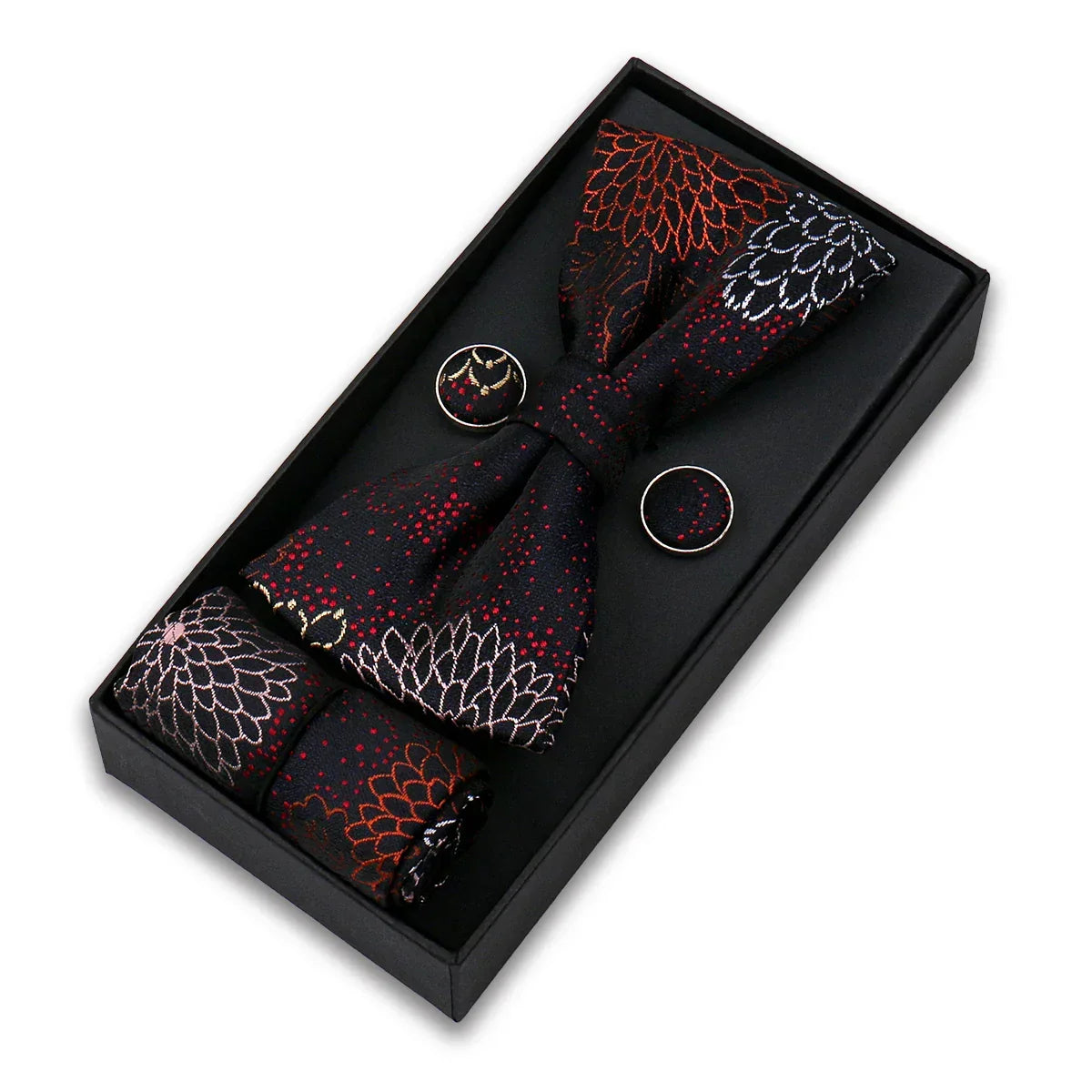 Fénix · conjunto de pajarita negra y roja con flores de plumas