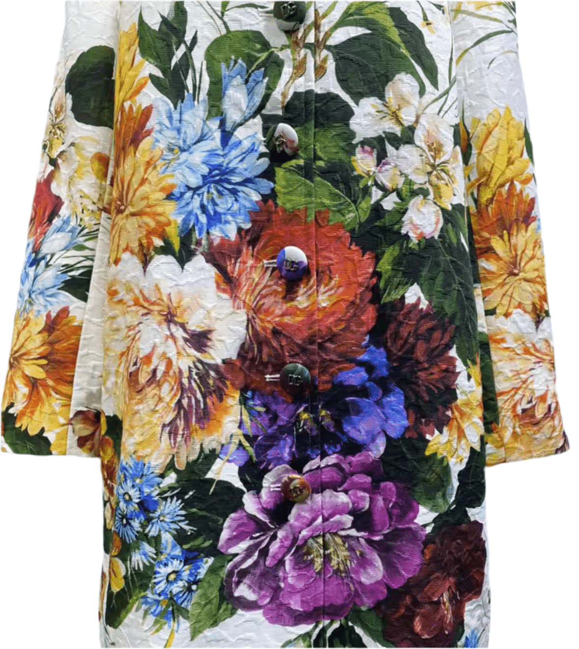 Long white brocade overcoat with a vibrant, colorful floral print and prominent front buttons.