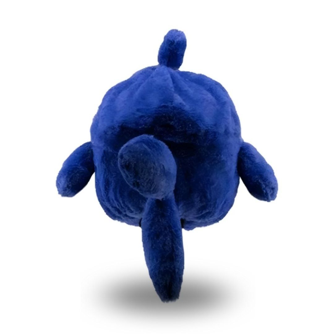 Cute blue plush toy with soft fabric, round shape, and playful design, perfect for kids and collectors.