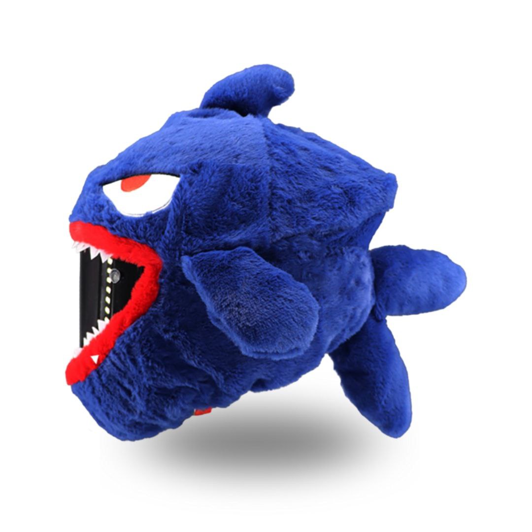 Blue plush shark toy with red accents and an open mouth, perfect for kids and collectors. Soft and cuddly design.