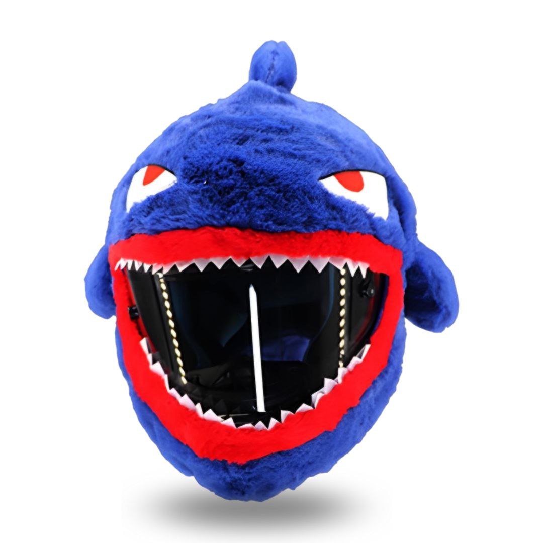 Blue plush shark helmet with red accents and large open mouth design, perfect for cosplay or playful accessories.