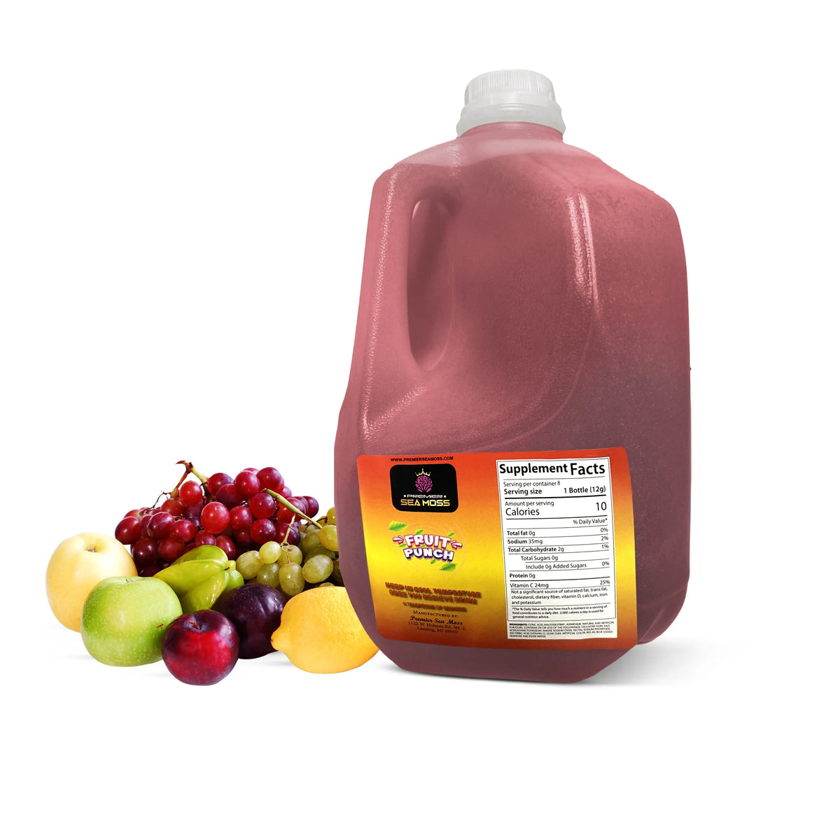 64oz gallon jug of pink Fruit Punch sea moss gel next to a colorful assortment of fresh grapes, apples, and lemon.