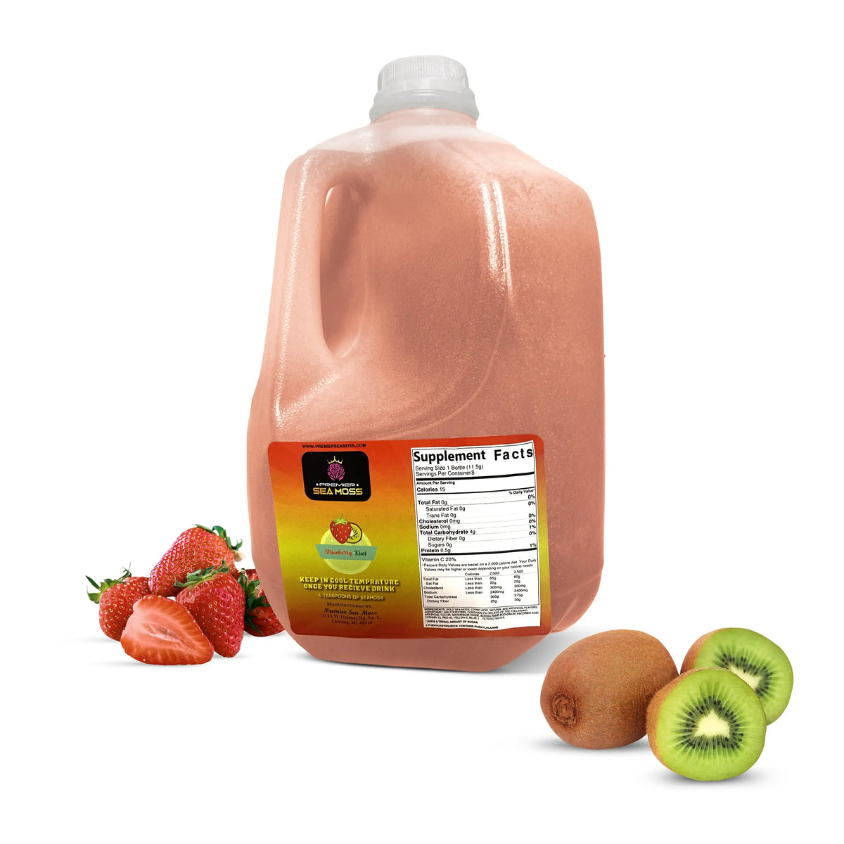 64oz jug of strawberry kiwi flavored sea moss gel, with fresh strawberries and kiwi fruit on a white background.