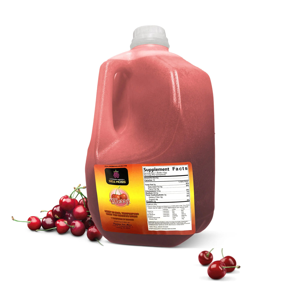 64oz gallon jug of pink cherry-flavored sea moss with a product label and fresh red cherries on a white background.