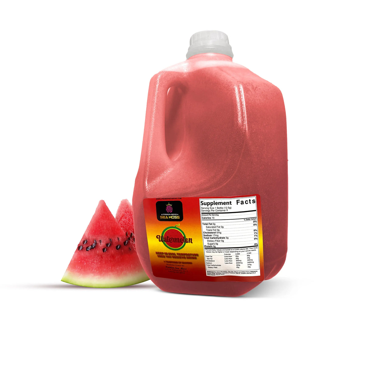 64oz jug of pink watermelon-flavored sea moss with a Supplement Facts label and a fresh watermelon slice.