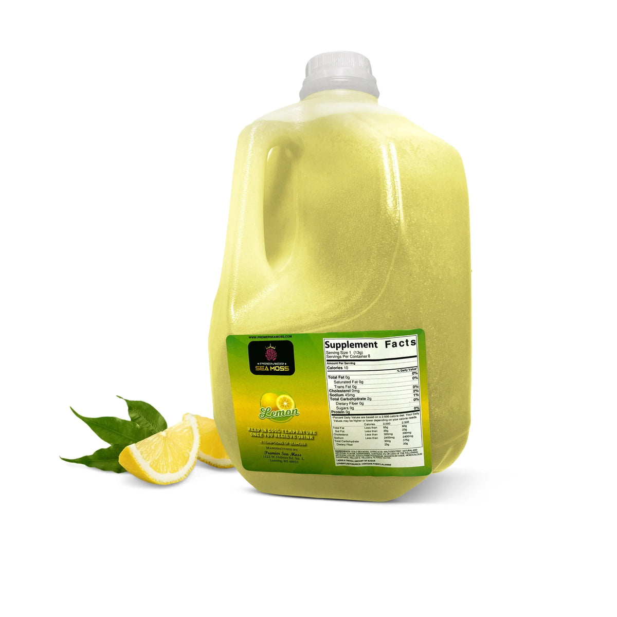 64oz gallon jug of lemon-flavored yellow sea moss gel with a supplement facts label and lemon slices on the side.
