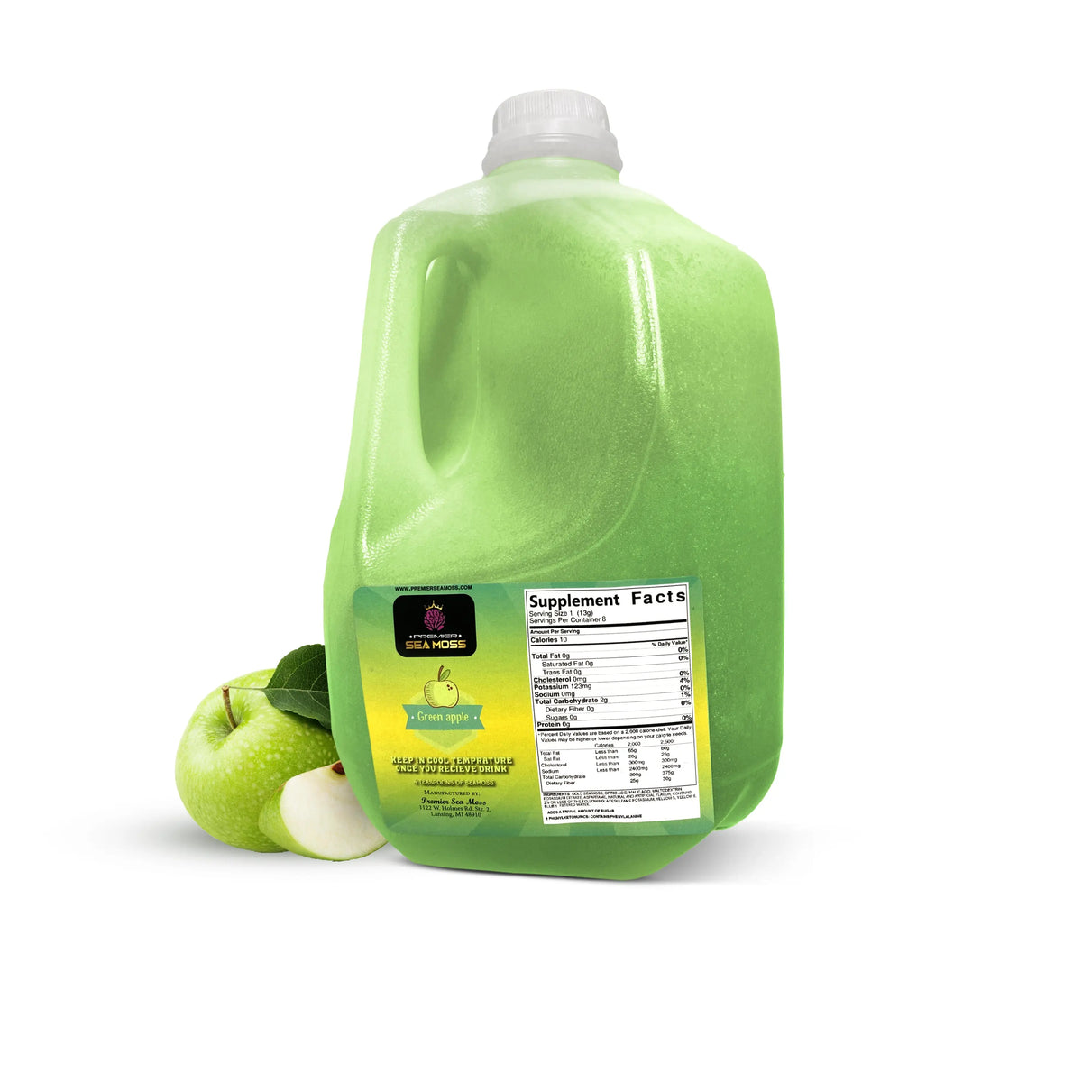 A 64oz translucent plastic jug filled with green liquid, featuring a nutrition label and a fresh green apple nearby.