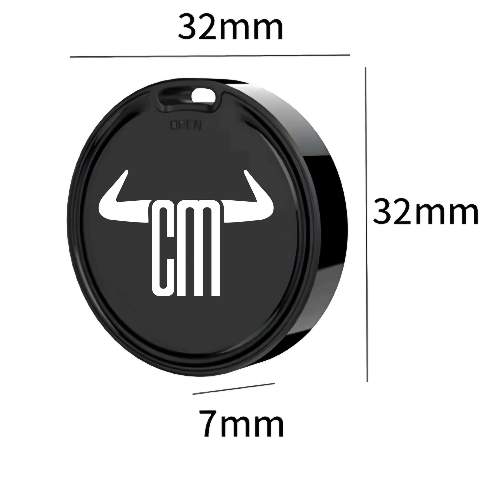 Mini localizador GPS negro redondo 32mm diámetro 7mm grosor con logo GM blanco