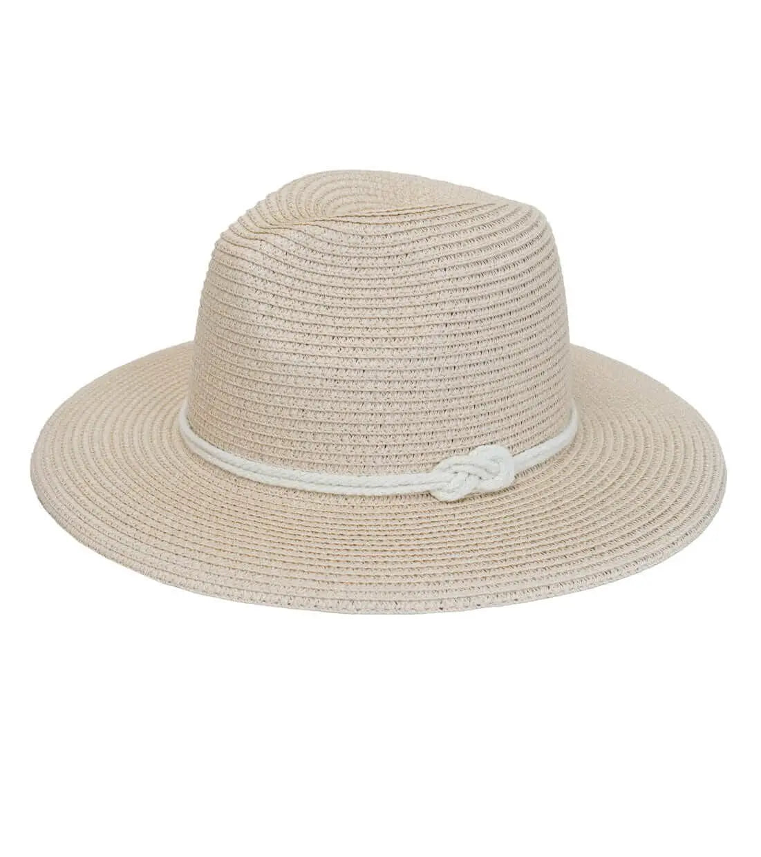 Beige straw Panama sun hat with a structured crown and a white rope trim featuring a decorative side knot.