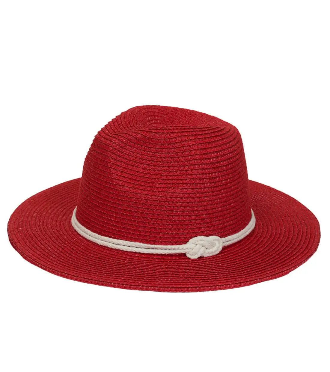 Red woven straw Panama hat with a wide brim, featuring a white rope band accented with a decorative nautical knot.