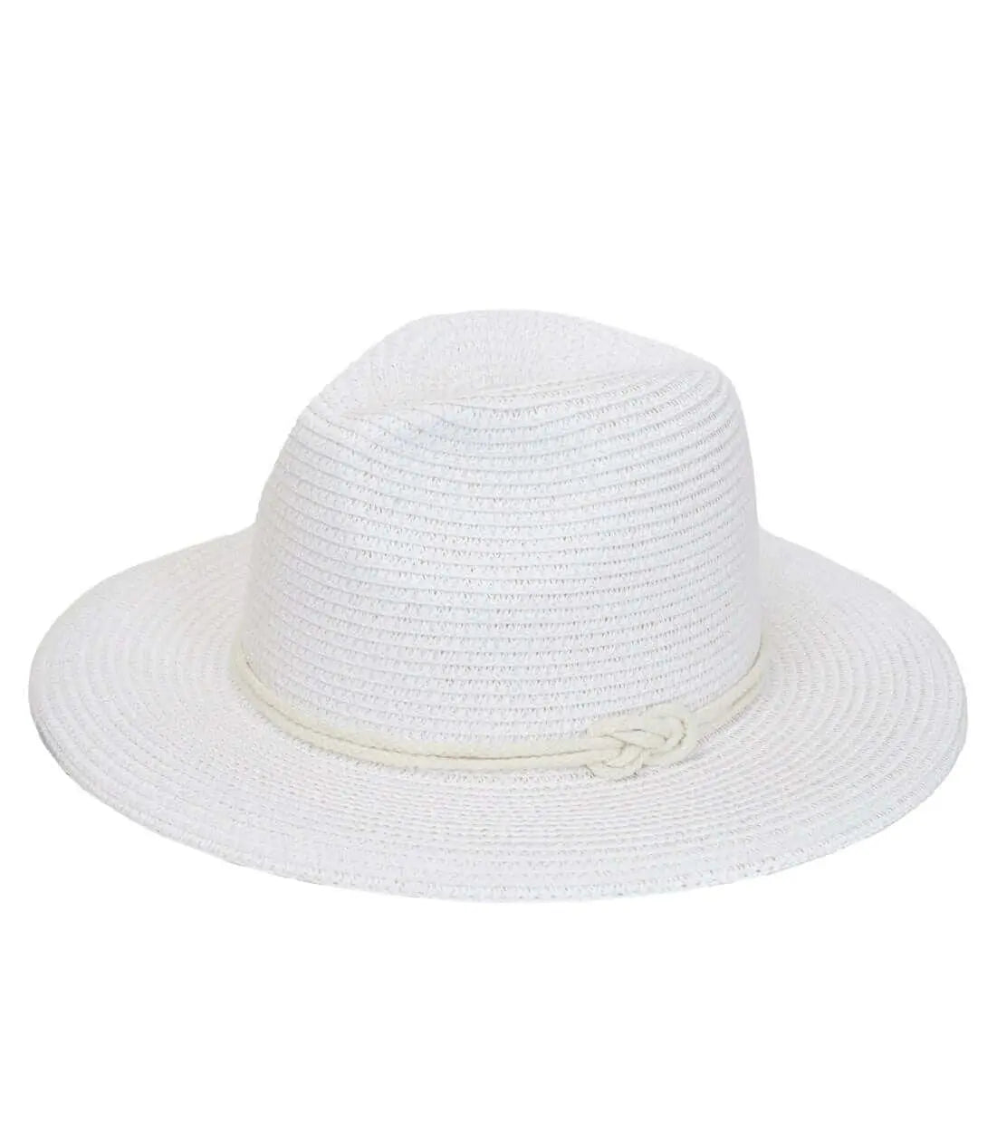 White woven straw fedora-style sun hat featuring a natural rope band with a side knot detail on a white background.