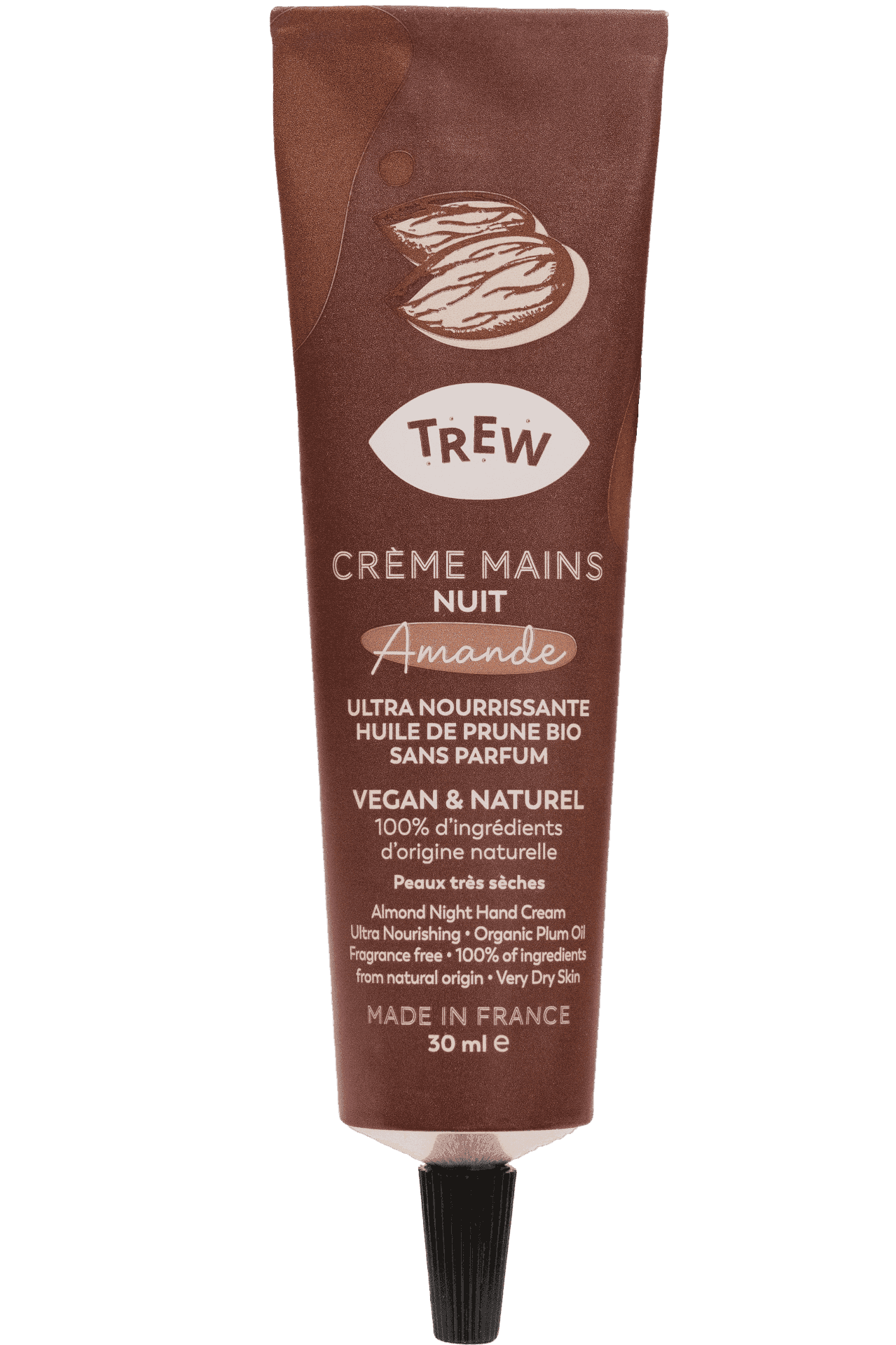 A brown squeeze tube of almond night hand cream by Trew, featuring text details on an almond-shaped label.