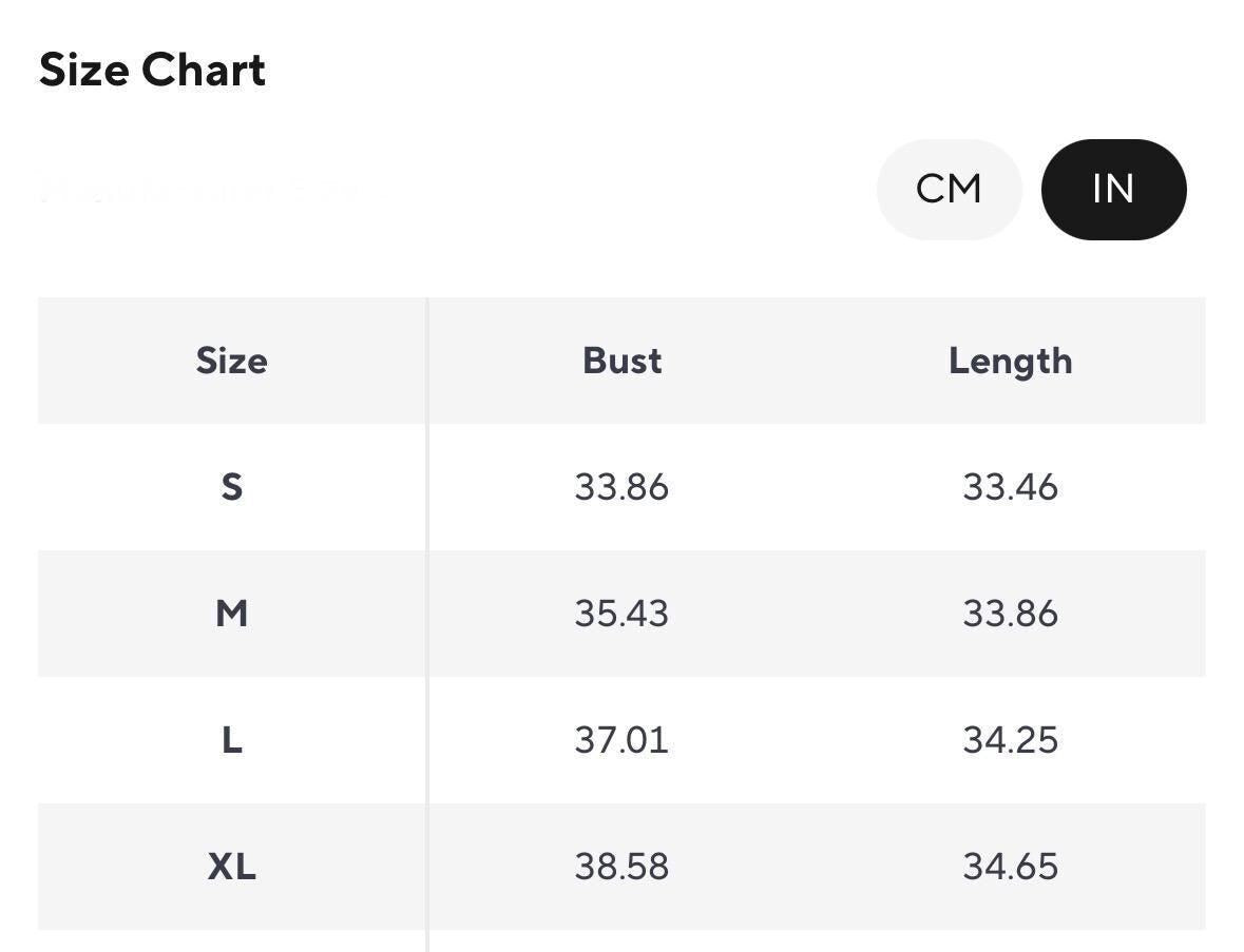 Size chart for women's tops in inches, showing measurements for Small to XL sizes.