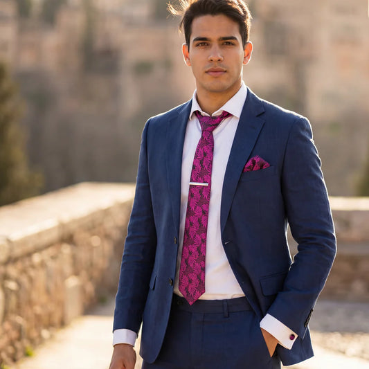 Helecho rosado · conjunto de corbata floral magenta con pañuelo, gemelos y pasador